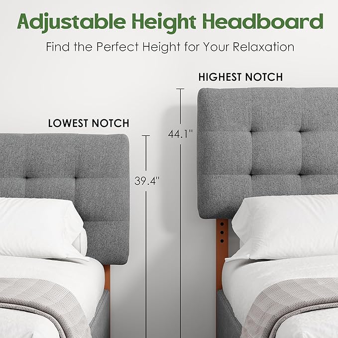 Tufted Upholstered King Headboard, Adjustable Height King Size Headboard Only from 39”to 44” with Durable Solid Wood Legs, Modern Button Diamond Fabric Head Board with Width Adapters, Grey