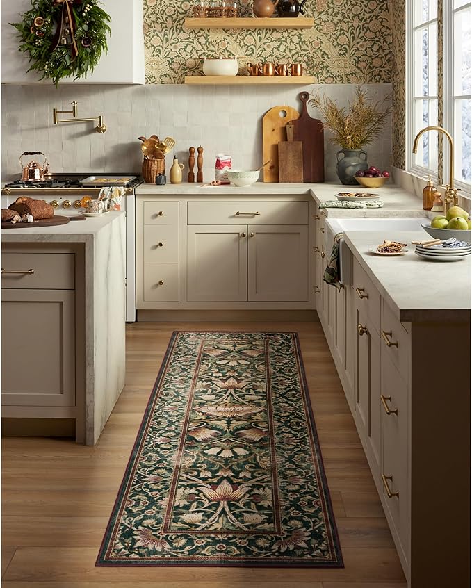 RUGGABLE x Morris & Co Machine Washable Christmas Runner Rug–Lodden Soft Evergreen & Gold 2.5x7, Stain-Resistant, Non-Slip–Washable Rug for Hallway, Entryway, Living Room & Kitchen–with Cushioned Pad