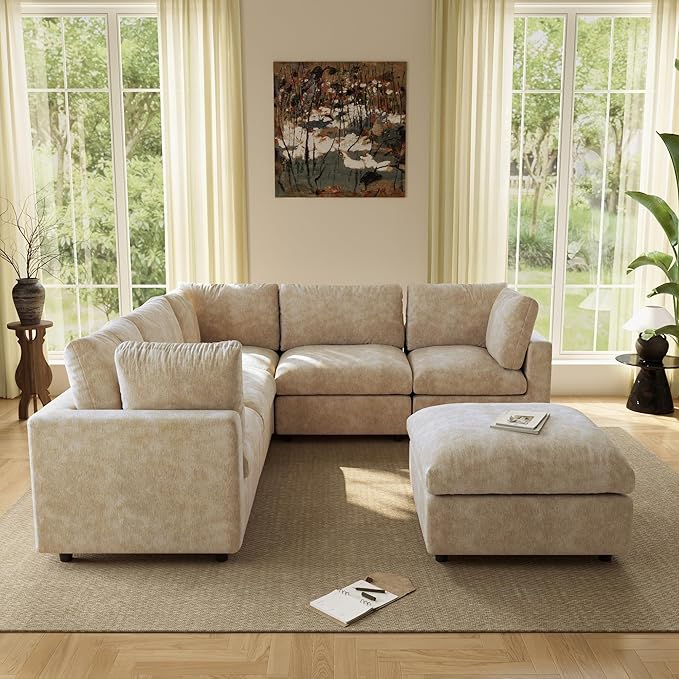 WJShome Modern V Shaped Sectional Couches for Living Room,100 Inch 5-Seater Chenille Deep Seat Modular Sofa with Ottoman, Cloud Couch for Bedroom and Apartment，Khaki