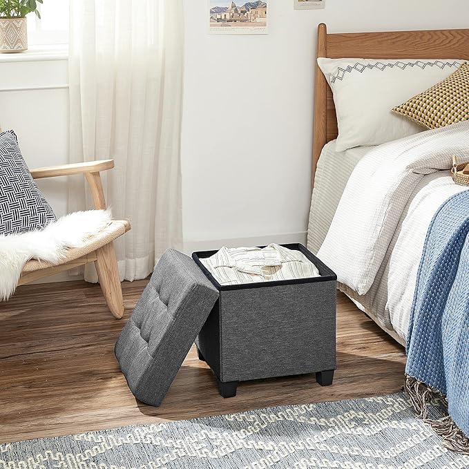 SONGMICS 15 Inches Cube Storage Ottoman, Bedroom Bench with Storage, Foot Stool with Feet, Holds Up to 660 lb, Dark Gray ULSF14GYZ