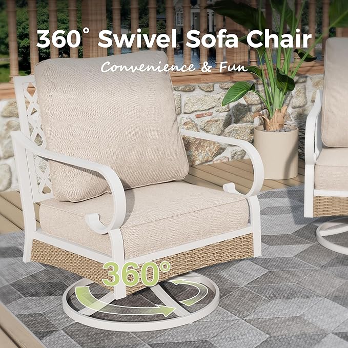 Outdoor Patio Swivel Sofa Chairs Set of 2 Steel Frame Porch Furniture with Deep Seating and 5.5" Cushions for Lawn Backyard Deck, Beige