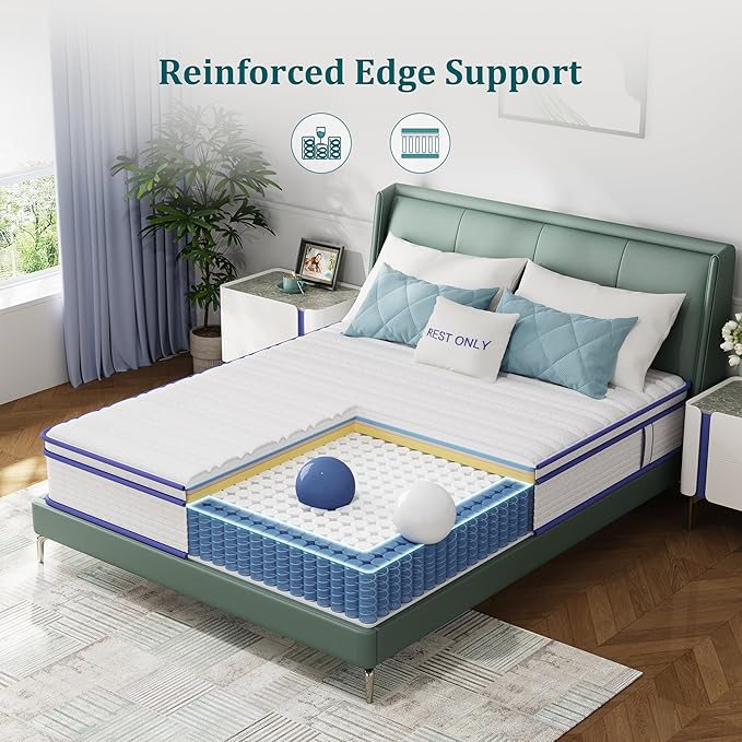 Rest Only King Mattress with Memory Foam for Pressure Relief, 12 Inch Hybrid Mattress with Individual Pocket Spring for Motion Isolation, Enhanced Edge Support, Medium Firm