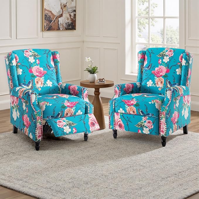UIXE Pushback Floral Recliner Chairs Set of 2, Fabric Upholstered Armchair Push Back Accent Chair for Living Room, Rivet Trim Club Chair Single Sofa Bedroom Side Reading Seat - Peacock Blue