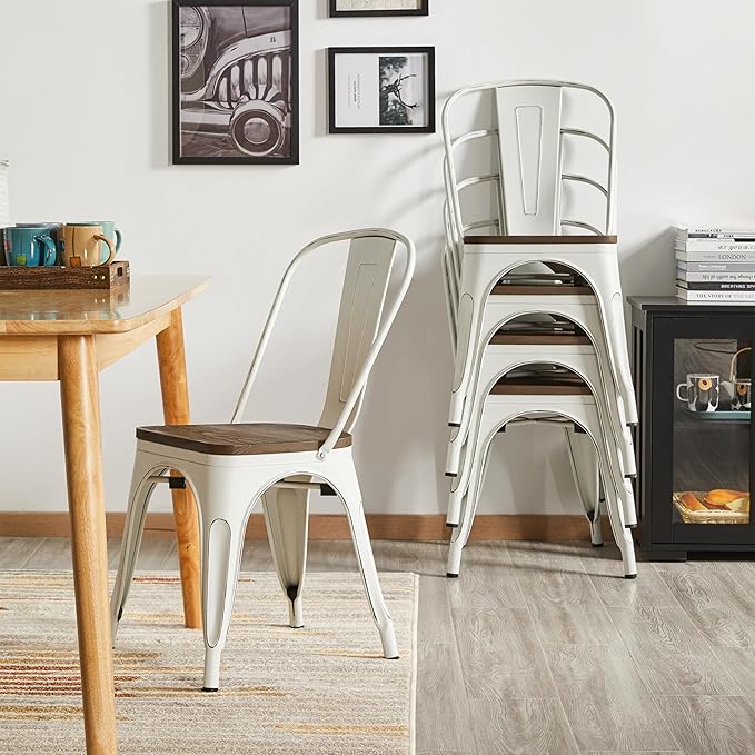 Yaheetech 18 Inch Classic Iron Metal Dining Chair with Wood Top/Seat Indoor-Outdoor Use Chic Bistro Cafe Side Barstool Bar Chair Distressed White, Set of 4