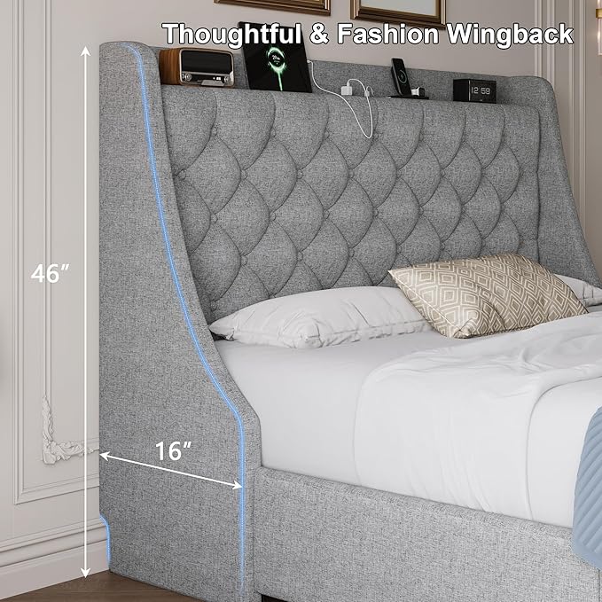 Queen Size Bed Frame with 4 Storage Drawers & Charging Station, Linen Upholstered Platform Bedframe, Button Tufted Wingback Headboard, Sturdy Wooden Slats, No Box Spring Needed, Light Grey