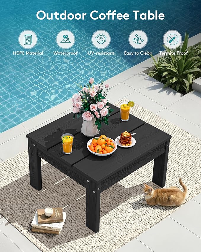 SERWALL HDPE Patio Furniture Set, Modular Outdoor Sectional Sofa Set with Built-in Side Tables, Seats 4, All-Weather Patio Conversation Set for Garden, Deck, Porch, Black Frame with Grey Cushion