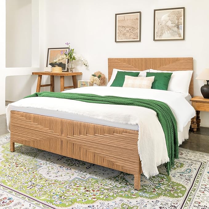 Yechen Boho Full Bed Frame with Headboard and Footboard, Hand-Woven Rattan Mid Century Modern Bedframe with Vintage Pattern, Wicker Bed with Metal Frame and Metal Slats, No Box Spring Needed, 1000lbs