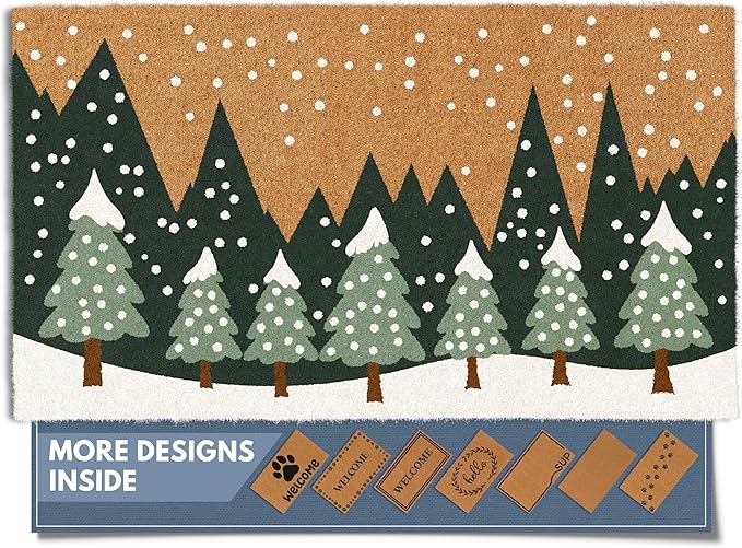 Barnyard Designs Natural Coco Coir Christmas Doormat - Large Cute Non-Slip Heavy Duty Backing Door Mat for Outside Entrance or Porch Entry, Brown (17x30, Winter Snow Forest)