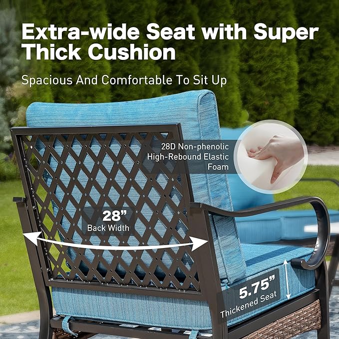 6 Piece Metal Outdoor Patio Furniture Set, Patio Conversation Set 3-Seater Sofa, 2 Fixed Sofa, 2 Rocking Chair with 5.75" Thick Cushion & Coffee Table Black Backyard Furniture, Blue-2