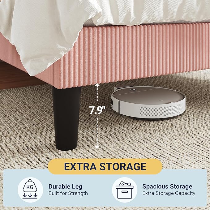 Allewie King Size Upholstered Bed Frame with Vertical Channel Tufted Headboard, Soft Corduroy Fabric Platform Bed, Strong Wooden Slats Support, Easy Assembly, No Box Spring Needed, Light Pink