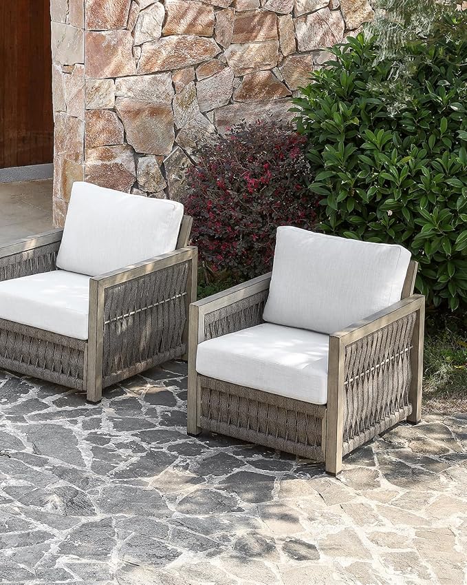 Patio Chair, Outdoor Aluminum Chair with Thick Washable Cushions, Rope Weave Outdoor Armchair Furniture Patio Sofa Armchair, Deep Seating Outside Furniture for Garden, Porch, Balcony, Gray Oak