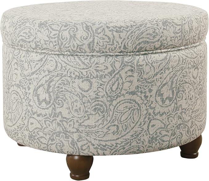 HomePop Home Decor | Upholstered Round Storage Ottoman | Ottoman with Storage for Living Room & Bedroom, Light Gray Floral Large