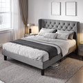 Allewie Full Size Bed Frame with Button Tufted Wingback Headboard, Modern Fabric Upholstered Platform Bed Frame with Strong Wood Slat Support, No Box Spring Needed, Easy Assembly, Light Grey