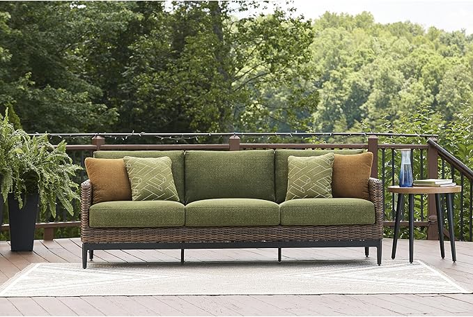 Signature Design by Ashley Horizon Hall Vintage Outdoor Nuvella Weather Resistant Fabric, Resin Wicker Sofa with Cushion and 2 Accent Pillows, Green & Dark Brown