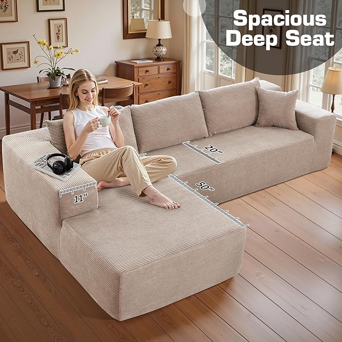 106" Cloud Sectional Couch with Chaise Lounge,L Shaped Modular Modern Sofa,Comfy Corduroy Fluffy Couches with Deep Seat,No Assembly Required Couch for Living Room(Left,Stripe Corduroy,Camel)