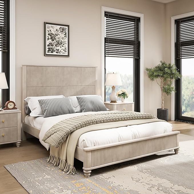 Queen Size Solid Wood Platform Bed Frame, Solid Wood Bed with 63.58" Headboard, Solid Wood Leg/No Box Spring Needed/Noise Free/Beige