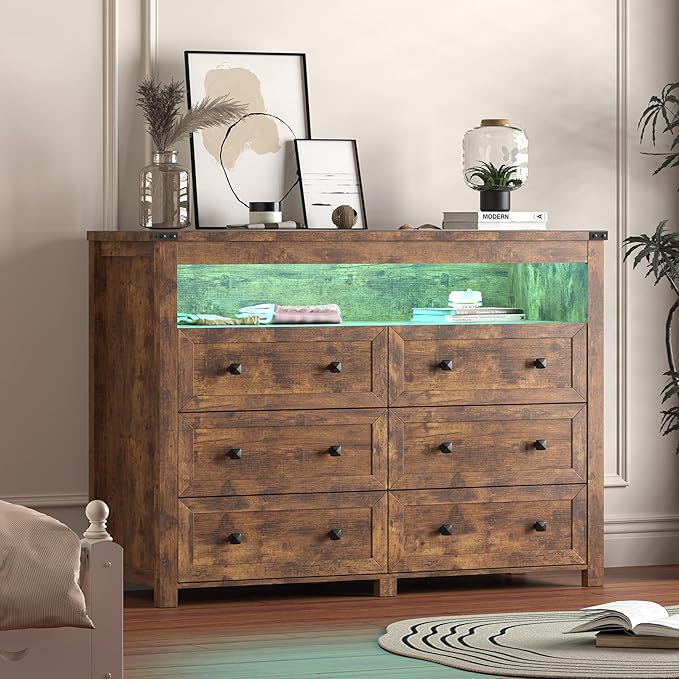 Dresser for Bedroom with 6 Drawers, Wide Chest of Drawers with LED Light and Power Outlet, Wooden Closet Organizer Clothes Storage Cabinet, Modern Double Dressers for Living Room, Hallway, Brown