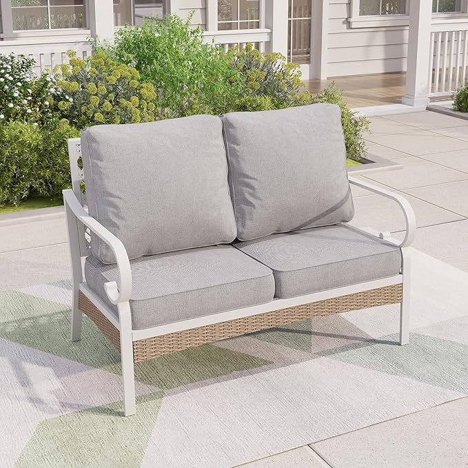 Patio Furniture Sofa, Love-Seat Patio Sofa Steel Frame Outdoor Sectional Couch with Deep Seating and 5.5” Cushions for Lawn Backyard Porch Deck, Light Gray