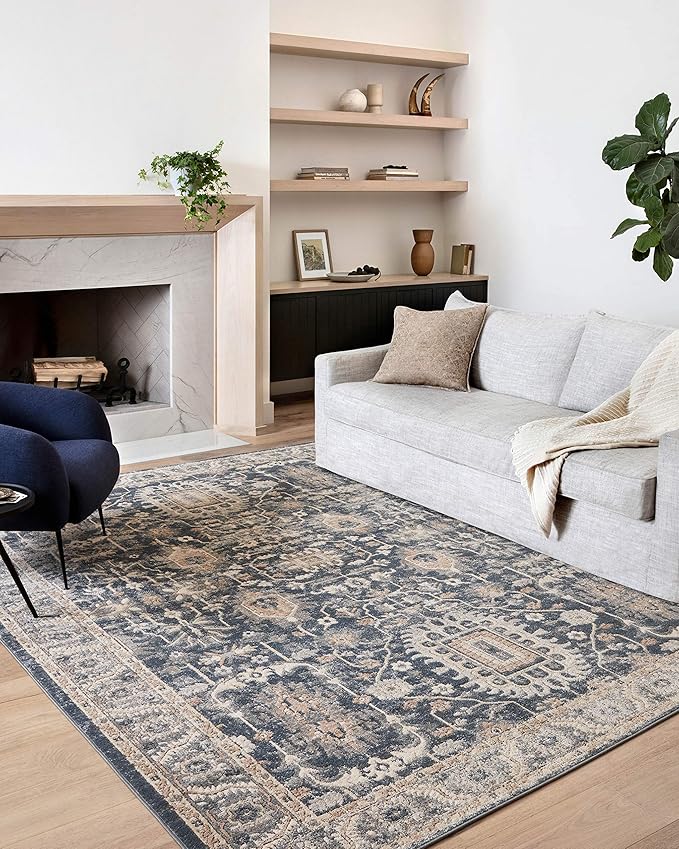 Loloi Teagan Collection TEA-03 Denim/Pebble 2'-8" x 4' Accent Rug, Large, Soft Neutral Rug, High-Traffic for Living Room, Bedroom, Home Office, Dining Area
