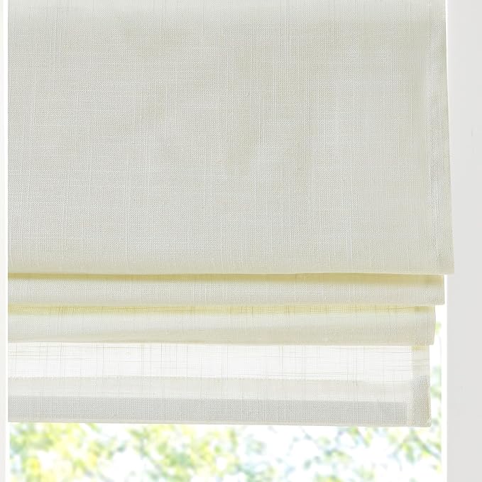 Madison Park Kyler Cordless Roman Shades - Single Panel, Lightweight Linen Blend Fabric, Natural Design, Easy Installation, Light Filtering Window Blind, Bedroom, Living Room Decor 27"W x 64"L Ivory