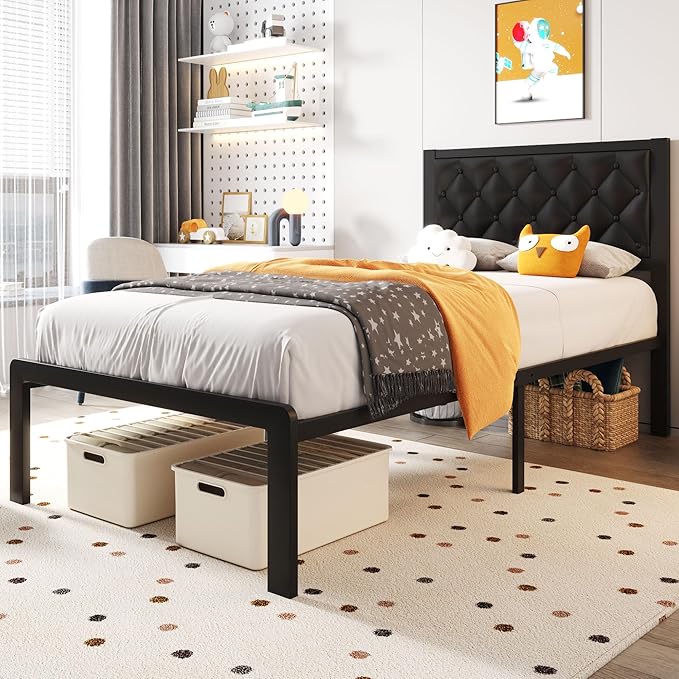 Twin Bed Frame with Headboard PU Leather Upholstered Bed Frame Platform,All Metal Slats Support Platform Bed Frame with Storage Space,Easy Assembly,Noise Free,No Box Spring Needed,Black