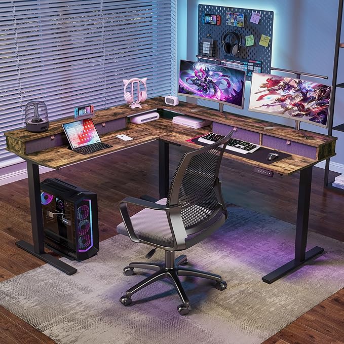 SANODESK 71" L Shaped Standing Desk with 4 Drawers, Height Adjustable Stand up Desk, Corner Gaming Desk with Monitor Stand, Black Frame/Rustic Brown Top