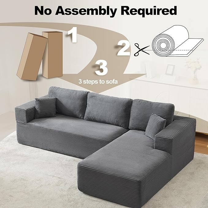 106" Cloud Modular Sectional Sofa Couch with L-Shape Chaise,Modern Boneless Sectional Couch with Deep Seat,Upholstered Couches for Living Room Bedroom,No Assembly Required,Dark Grey