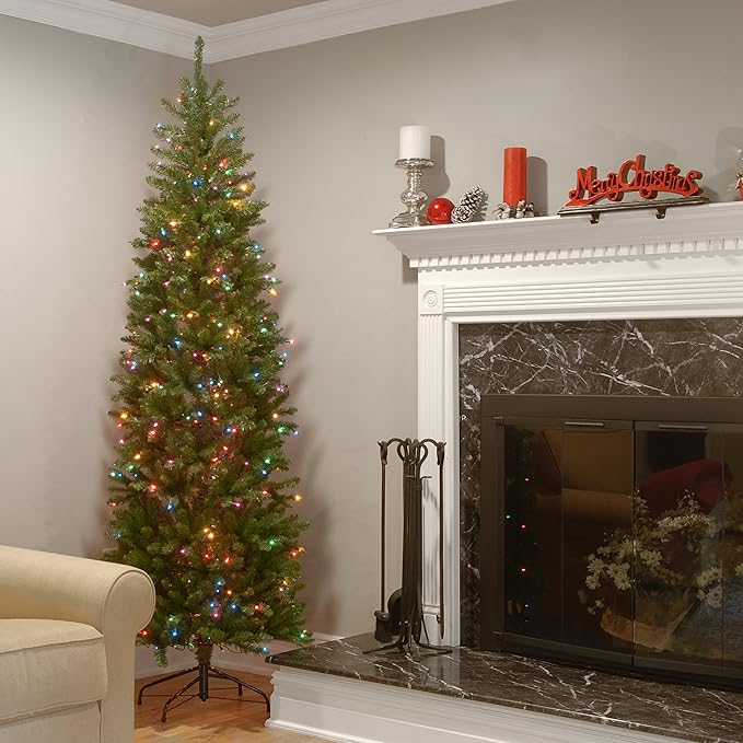 National Tree Company 6.5 ft Pre-Lit Kingswood Fir Slim Artificial Christmas Tree, 250 Multicolor Lights, 719 Tips, Includes Stand, Green