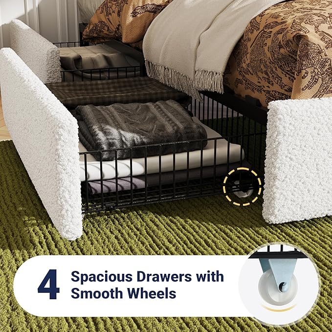 Allewie Full Size Bed Frame with 4 Oversized Storage Drawers, Soft Teddy Fabric, Boucle Upholstered Platform Bed, Wooden Slats Support, Noise-Free, No Box Spring Needed, Easy Assembly, White