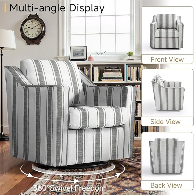 Pia Ricco 360° Swivel Accent Chair, Oversized Modern Striped Fabric Armchair with Removable Cover for Living Room and Reception