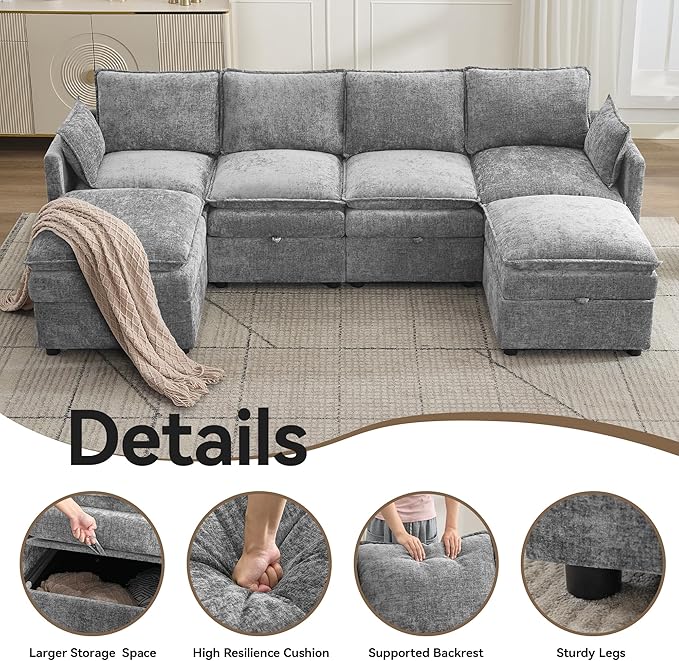 105" Cloud Modular 4 Seater Sofa with 2 Storage Ottoman, Modern Upholstered Sofa Storage Sofa Couch Deep Seat, U Shape Sectional Sofa Chenille Comfy Couch with Armrests for Living Room, Light Grey