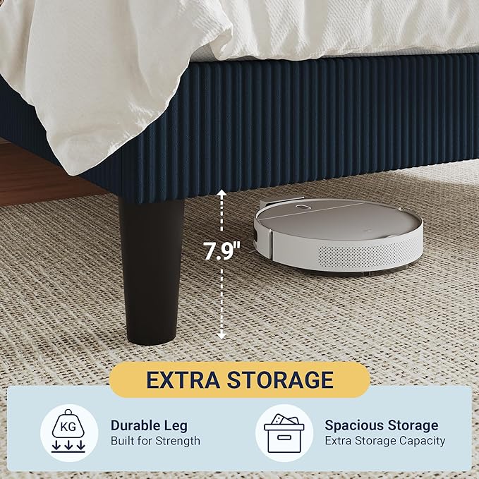 Allewie Queen Size Upholstered Bed Frame with Vertical Channel Tufted Headboard, Soft Corduroy Fabric Platform Bed, Strong Wooden Slats Support, Easy Assembly, No Box Spring Needed, Dark Blue
