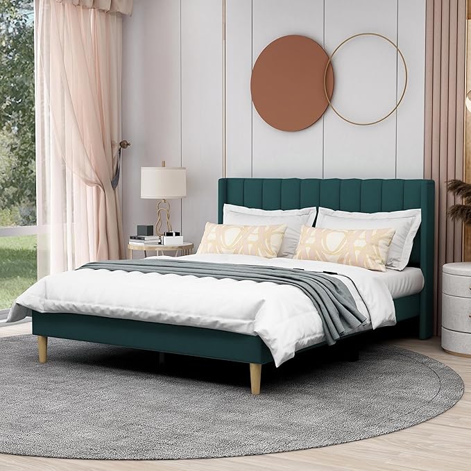 AGARTT Upholstered Platform Bed Frame Queen Size with Headboard and Footboard/Wooden Slats Support/No Box Spring Needed/Easy Assembly, Green Velvet