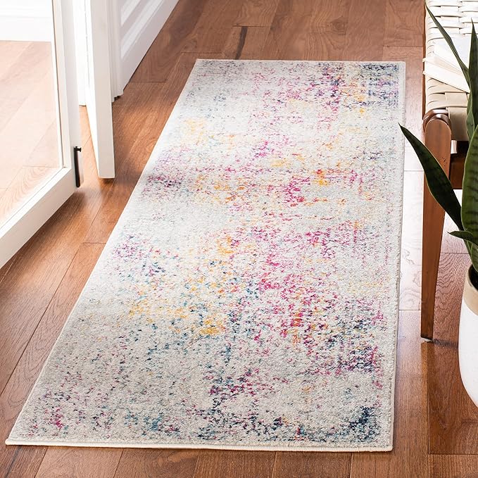 SAFAVIEH Evoke Collection Runner Rug - 2'2" x 7', Ivory & Fuchsia, Distressed Design, Non-Shedding & Easy to Clean, Ideal for Foyer, Bedroom, Kitchen, Hallway (EVK256Q)