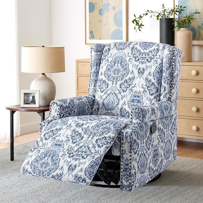 Pia Ricco Swivel Glider Recliner Chairs Set of 2, High Back Rocker Reclining Accent Chair with Smooth Manual Mechanism for Nursery, Comfortable & Quiet Upholstered Armchair Seating-Bule Pattern