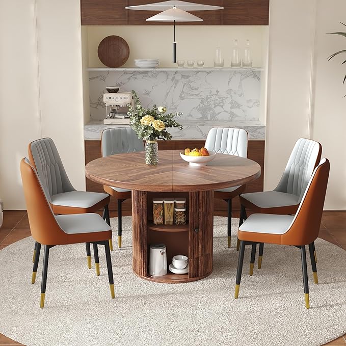 Round Dining Table Set for 6 with Two Storage, 47" Round Dining Table with 6 PU Leather Chairs, 7 Piece Kitchen Table Chairs Set of 6 with 1.7” Thick Wood Top, Roman Column Pedestal, Space-Saving