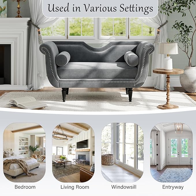 Christopher Knight Home Aurora Velvet Chaise Lounge Indoor with 2 Bolster Pillows, Upholstery Entryway Bench with Nailhead Trim & Curved Arms, End of Bed Bench Ottoman and Wooden Legs, Grey