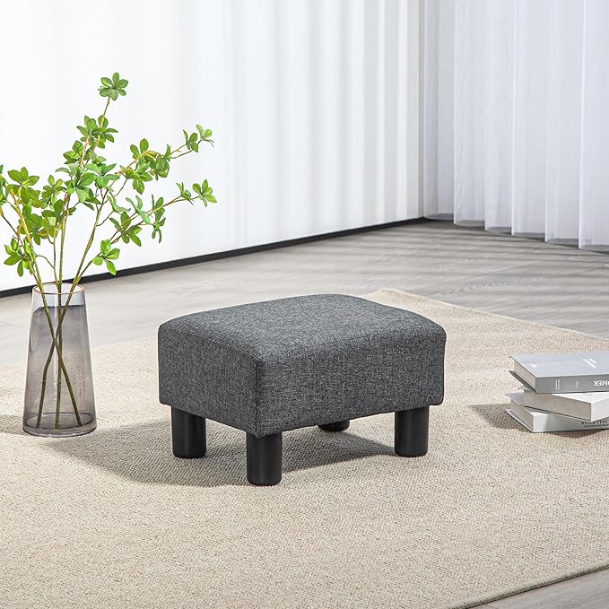 HOMCOM Ottoman Foot Rest, Small Foot Stool with Linen Fabric Upholstery and Plastic Legs, Cube Ottoman for Living Room, Charcoal Gray
