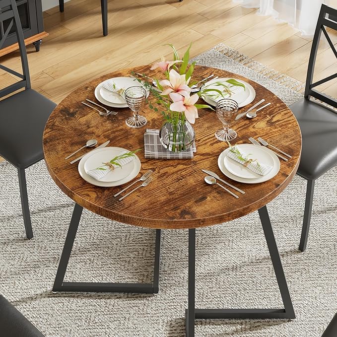VECELO 35" Round Dining Table for 4, Wood-Grain Tabletop & Heavy-Duty Steel Frame, for Kitchen, Living Room, Easy Assembly, Antique Brown