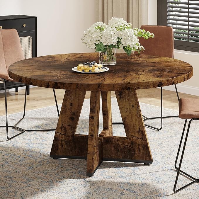 Tribesigns Round Dining Table for 4, 47 inch Farmhouse Circle Kitchen Table with Wooden Pedestal Base for Kitchen, Dining Room, Living Room (Rustic Brown)