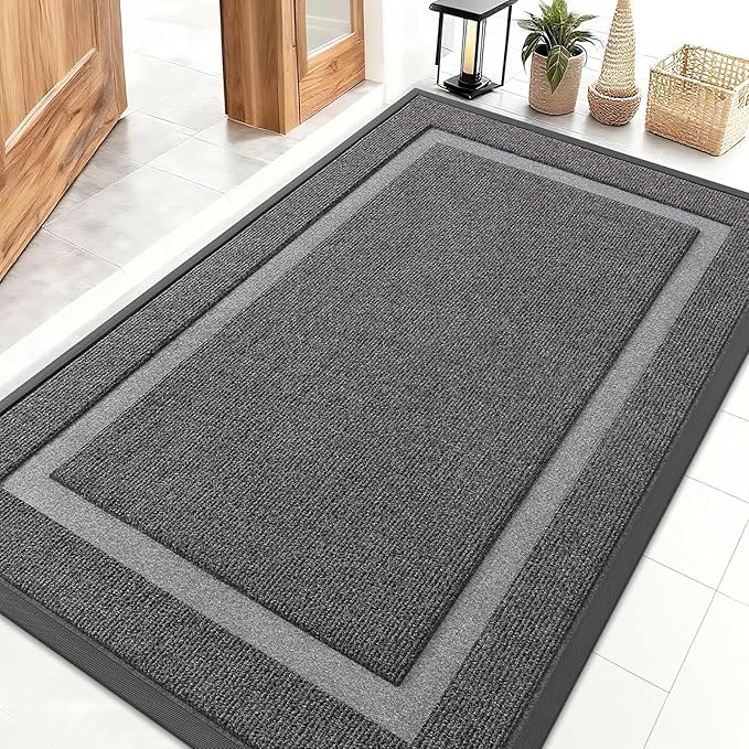 OLANLY Front Door Mat Indoor Outdoor Entrance, Waterproof All-Season, All-Weather Doormat, Sturdy Natural Rubber, Fade Resistant, Low Profile, Easy Clean Patio Porch Entryway Mat, 71x47, Dark Grey