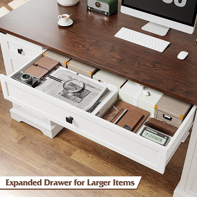 EnHomee 58" W Farmhouse Executive Desk with Drawers, Wood Home Office Desks with Power Outlets, Rustic Computer Desk with Storage Cabinet for Working, Studying, Writing, White + Brown