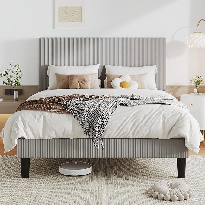 Allewie Queen Size Upholstered Bed Frame with Vertical Channel Tufted Headboard, Soft Corduroy Fabric Platform Bed, Strong Wooden Slats Support, Easy Assembly, No Box Spring Needed, Light Grey