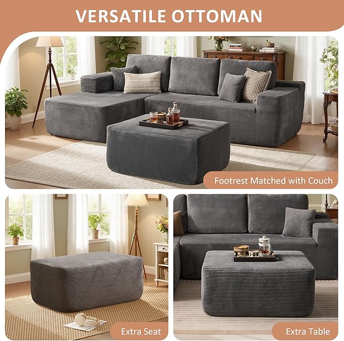 37.1" Ottoman for Couch, Plush Corduroy Memory Foam Ottoman Cloud Boneless Sectional Couch for Living Room Foot Stools No Assembly Require, Stripe Corduroy,Gray