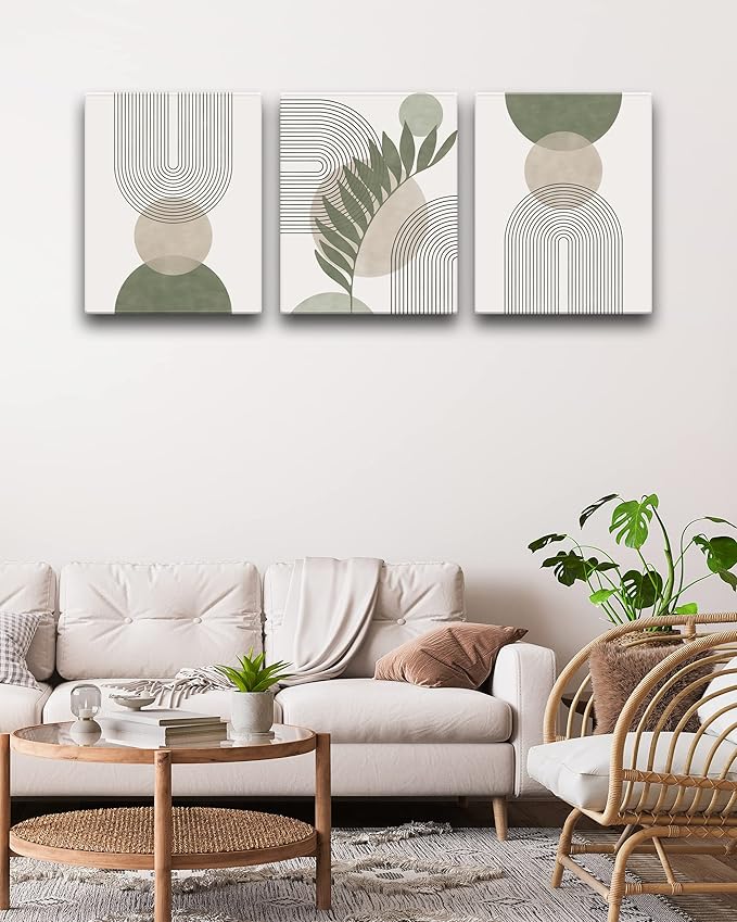 30x40CM Sage Green Boho Wall Art,Framed Canvas Bathroom Wall Art Pictures, Mid-Century Modern Wood Framed Abstract Prints for Bedroom,Minimalist Office Wall Decor 3Pack