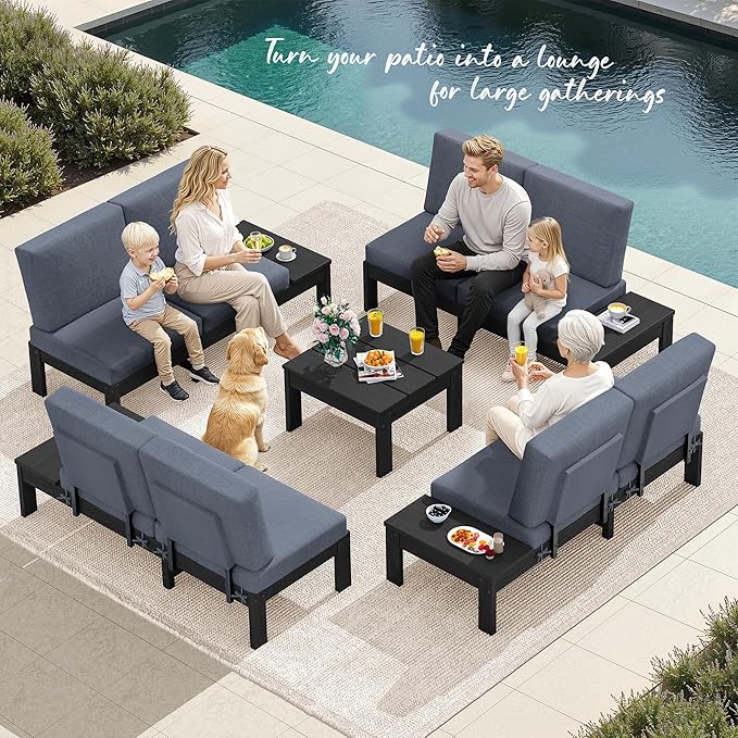SERWALL HDPE Patio Furniture Set, All-Weather Modular Outdoor Conversation Furniture, Seats 8, Outdoor Sofa Set for Garden, Deck or Poolside, Black Frame with Grey Cushion