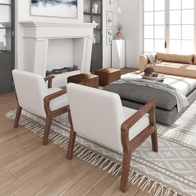 HNY Mid Century Modern Accent Chairs Set of 2 with Wood Frames, Linen Upholstered Living Room Arm Chairs for Living Room, Bedroom, Ivory