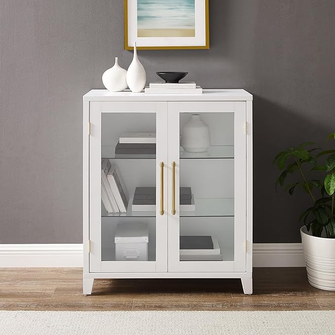 Crosley Furniture Roarke Stackable Glass Door Kitchen Pantry Storage Cabinet, Accent Cabinets for Entryway, White