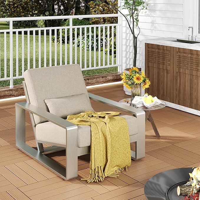 Christopher Knight Home Aspen Outdoor Aluminum Club Chair, Durable Aluminum Lounge Chair, Armchair with Cushions, Metal Accent Chair, Tilt Backrest Recliner for Backyard, Garden, Balcony, Silver+Beige