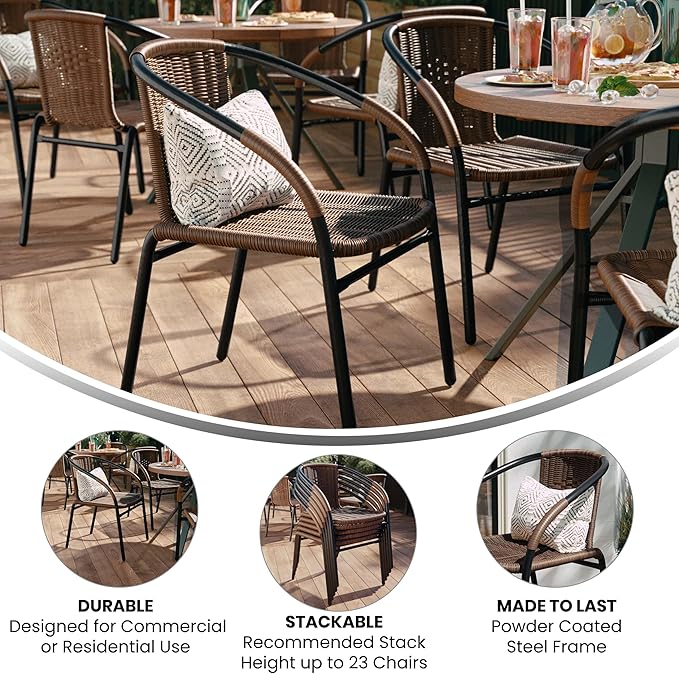 EMMA + OLIVER Set of 4 Modern Rattan Indoor/Outdoor Stack Chairs, Stacking Rattan Patio Chairs with Curved Back and Cross Bracing, Brown